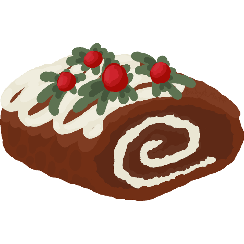 A yule log cake, it’s a warm brown color with white icing and red cranberries on it.